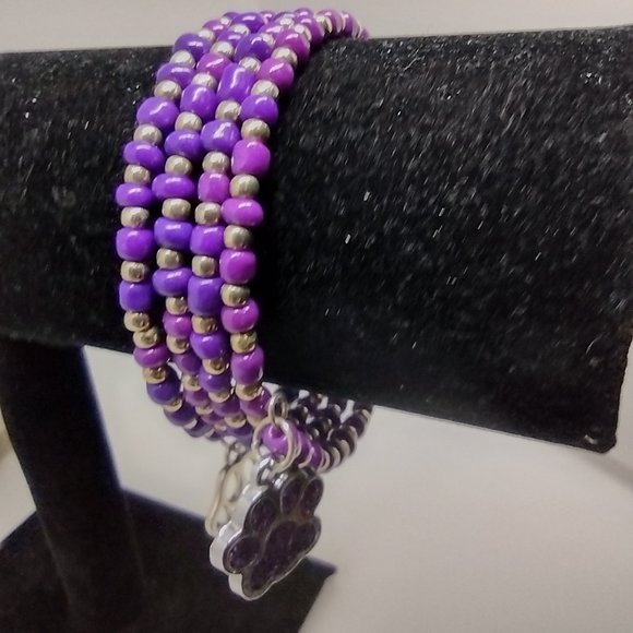 Violet Seed Bead 4 Stand  Memory Wire Bracelet with Silver Beads and Dog Paws - Picture 2 of 3